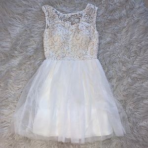 Delia’s white w/ gold shimmer and lace dress!